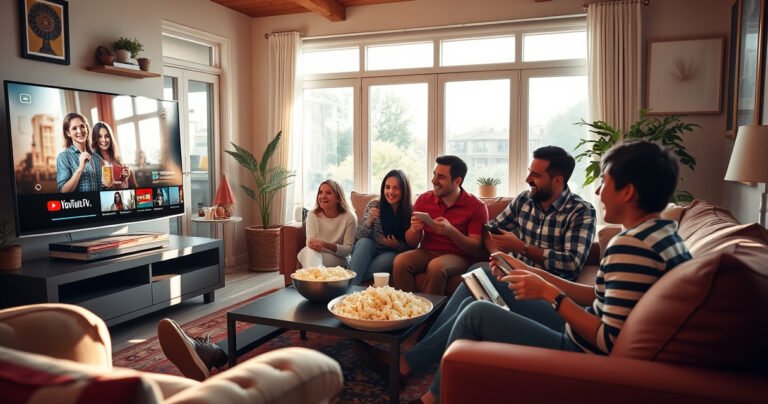 A cozy living room filled with diverse devices streaming YouTube TV, including a smart TV, tablet, and smartphone. A family of four enjoys the experience, sharing laughter and popcorn, surrounded by vibrant decor. Sunlight filters through large windows, casting a warm glow on the scene, emphasizing the joy of modern streaming together.
