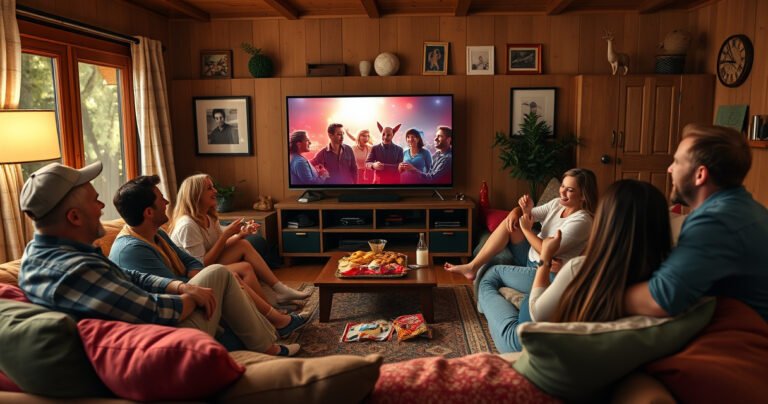 A cozy living room filled with family and friends, all gathered around a large TV streaming Sling TV. Laughter and snacks abound, with colorful cushions strewn about. The screen shows a vibrant movie scene, while diverse faces reflect joy and excitement, illuminated by the glow of the screen, creating a warm, inviting atmosphere.