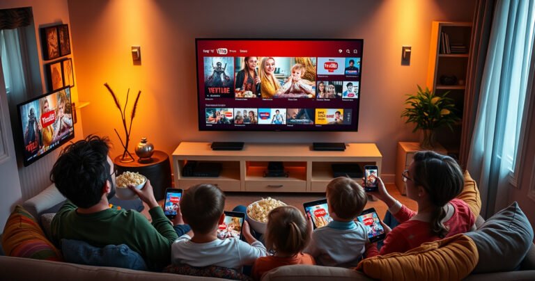 A cozy living room filled with an array of screens: a large TV, tablets, and smartphones displaying vibrant YouTube TV thumbnails. Soft, warm lighting creates a welcoming atmosphere, while a comfortable couch is adorned with colorful cushions. A family gathers around, engaged and excited, with popcorn bowls and drinks, symbolizing the joy of shared viewing experiences.