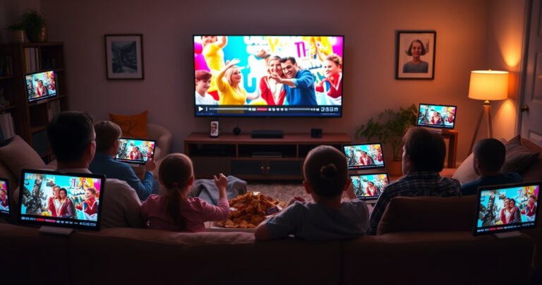 A cozy living room filled with family members, each absorbed in different screens displaying vibrant YouTube TV thumbnails. Soft, warm lighting casts a glow on a couch piled with snacks, while a large TV showcases a colorful, dynamic scene from a popular show, highlighting the joy of watching together amidst multiple devices.