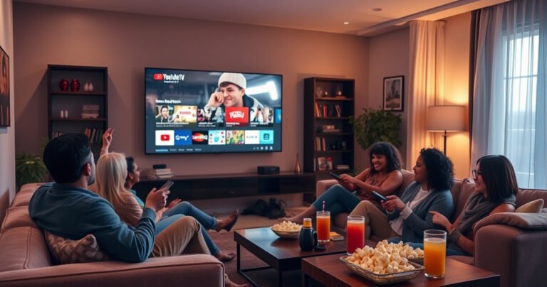 A cozy living room filled with soft, ambient lighting, featuring a large wall-mounted TV displaying the YouTube TV interface. Several people of diverse backgrounds relax on a plush sofa, some holding remote controls, others engaged in lively conversation. In the background, a snack table is filled with popcorn and drinks, creating a warm, inviting atmosphere.
