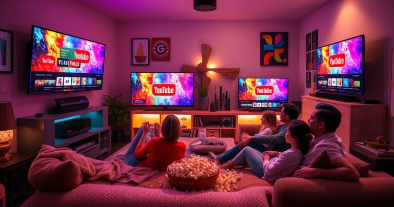 A cozy living room filled with multiple large-screen TVs displaying colorful YouTube TV interfaces, family members lounging on a plush sofa, popcorn scattered around, bright streaming logos glowing on the screens, vibrant artwork on the walls, and a warm ambiance created by soft lighting, highlighting the excitement of streaming entertainment together.