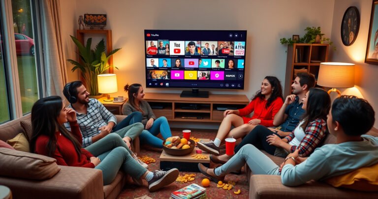 A vibrant living room scene filled with a diverse group of friends lounging on a cozy couch, engrossed in a large TV screen displaying a colorful array of YouTube TV icons. Snacks and drinks scattered around, laughter in the air, and playful banter as they debate what to watch next, embodying the essence of shared entertainment.