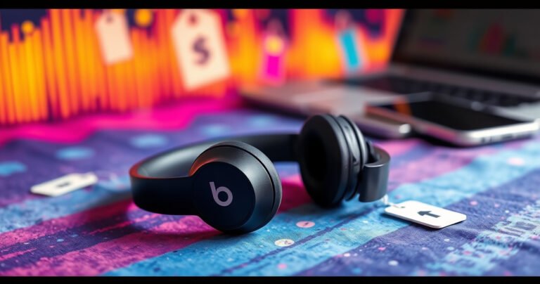 A sleek pair of Beats earphones rests on a vibrant, textured background of colorful sound waves, surrounded by price tags and shopping icons. The earphones gleam under soft lighting, showcasing their modern design, while a blurred laptop and smartphone hint at online shopping. The scene conveys a stylish blend of technology and consumer savvy.