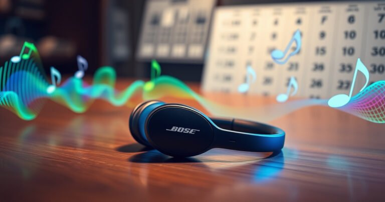 A sleek pair of Bose earphones resting on a wooden table, surrounded by colorful sound waves emanating in vibrant blues and greens, with price tags floating nearby. Soft lighting highlights the earphones' glossy finish, while a blurred background features music notes and a price chart, conveying a modern and tech-savvy atmosphere.