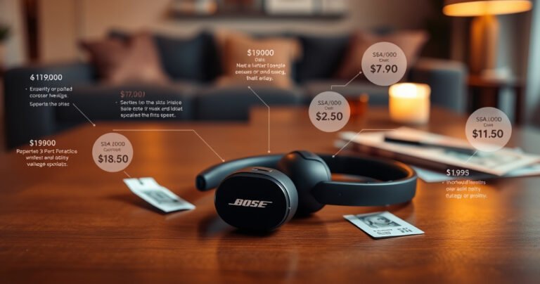 A sleek pair of Bose earphones rests on a wooden table, surrounded by price tags and currency notes, with a soft focus on a cozy living room setting in the background. Warm, ambient lighting highlights the earphones' elegant design, while an infographic displaying various prices and features flows subtly around them.