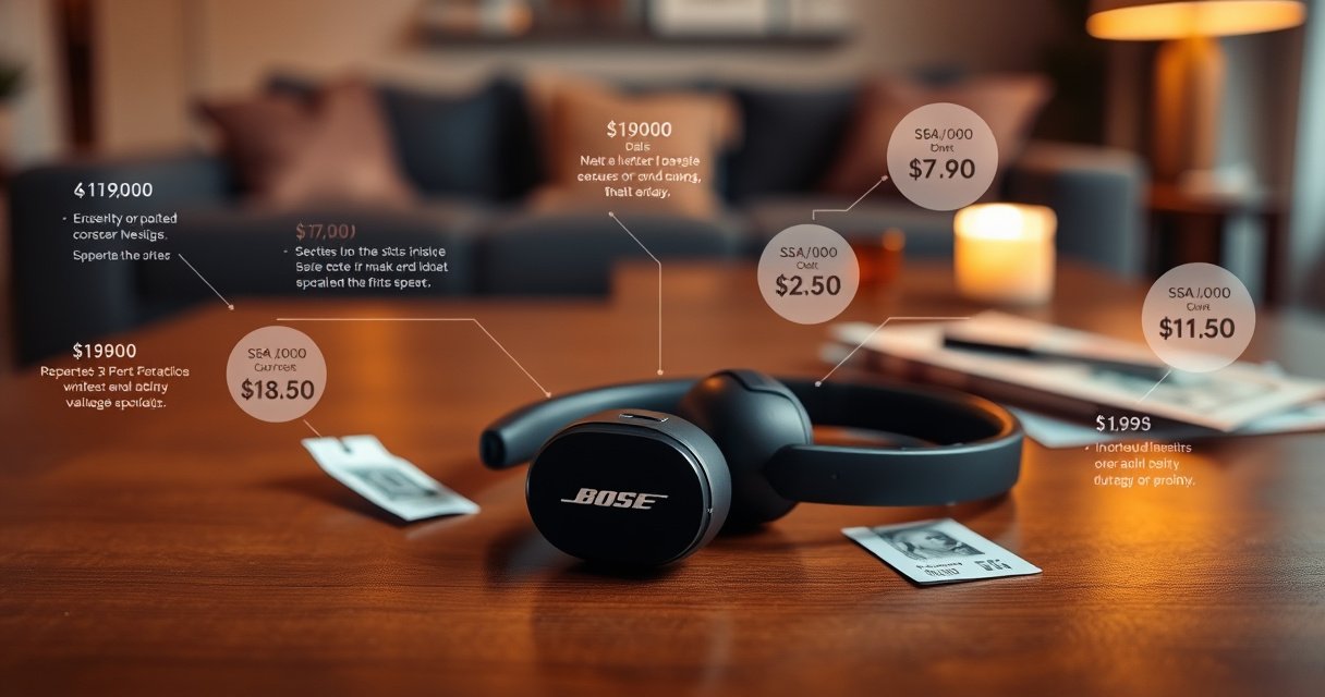 A sleek pair of Bose earphones rests on a wooden table, surrounded by price tags and currency notes, with a soft focus on a cozy living room setting in the background. Warm, ambient lighting highlights the earphones' elegant design, while an infographic displaying various prices and features flows subtly around them.