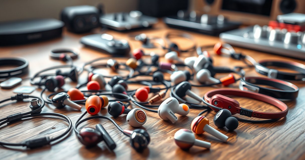 A vibrant display of various earphones on a wooden table, showcasing diverse styles and colors, with price tags artistically scattered around. Soft light filters through a nearby window, highlighting the sleek designs and textures. In the background, blurred technology gadgets hint at an audiophile's world, emphasizing the connection between sound quality and price.