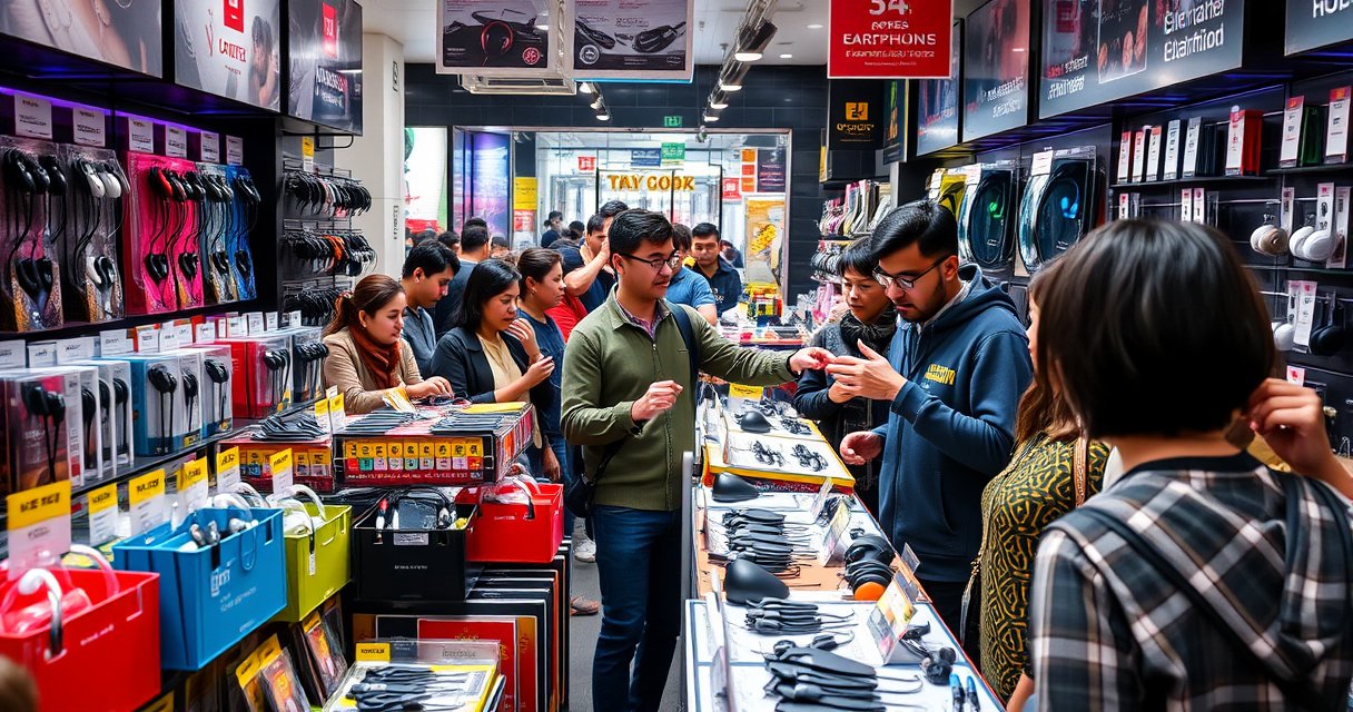 A vibrant marketplace scene showcasing a variety of earphones in colorful displays, with price tags clearly visible. Shoppers examine sleek designs, while a vendor enthusiastically demonstrates features. Background includes a modern urban setting, with hints of technology and music culture, creating an engaging atmosphere that reflects the diversity of earphone options and prices.