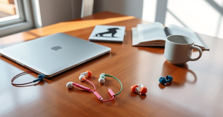 A sleek, modern workspace featuring an array of stylish iPhone earphones in vibrant colors neatly arranged on a polished wooden desk, surrounded by a minimalist laptop, coffee cup, and open notebook. Soft, natural light streams through a nearby window, casting gentle shadows and highlighting the earphones' premium design and branding.