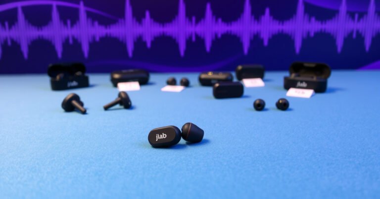 A sleek pair of JLab earbuds resting on a soft, vibrant blue velvet surface, surrounded by various models and price tags. The background features an abstract soundwave pattern in subtle shades of purple, enhancing the theme of audio innovation. Soft ambient lighting creates a modern, inviting atmosphere, perfect for tech enthusiasts exploring choices in earbuds.