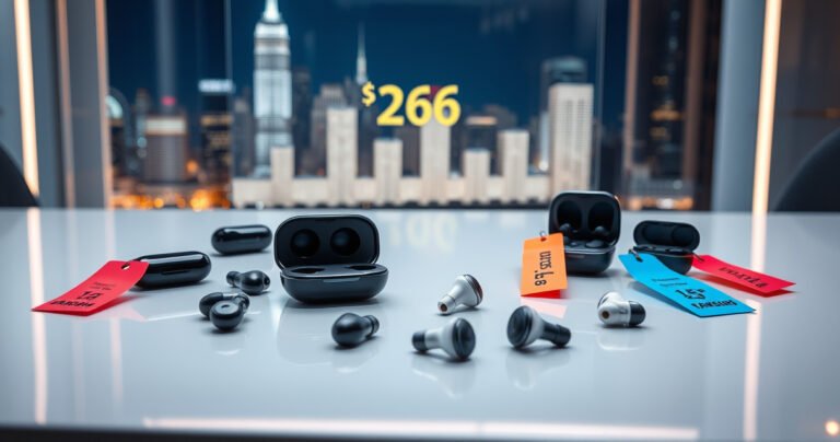 A sleek collection of Samsung earphones displayed on a modern, minimalist desk, surrounded by vibrant price tags in bold colors, with a futuristic city skyline reflected in the glossy surface. Soft ambient lighting highlights the earphones' design, while a digital price chart hovers in the background, capturing the essence of technology and affordability in 2026.