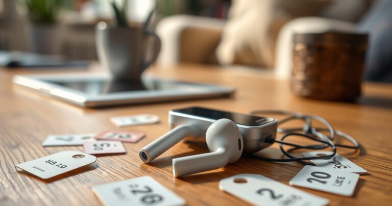 A close-up of sleek, modern iPhone earphones resting on a stylish wooden table, surrounded by scattered price tags in varying currencies. Soft, natural light highlights the earphones' glossy finish, while a blurred background reveals a cozy home office setting, emphasizing a tech-savvy lifestyle and the allure of premium audio accessories.
