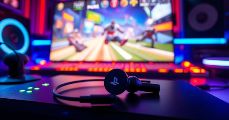 A sleek pair of PlayStation earbuds rests on a vibrant gaming setup, surrounded by glowing neon lights and a futuristic console. In the background, a colorful array of game discs and a dynamic, immersive game scene on the screen create an energetic atmosphere, emphasizing the fusion of technology and gaming culture.