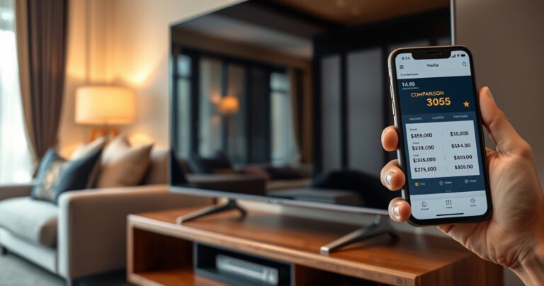 A close-up of a glossy flat-screen TV on a stylish wooden stand, with a price tag hanging from the corner. The background features a well-decorated living room with cozy cushions and soft lighting, while a hand holds a smartphone displaying comparison prices. Emphasize the contrast between the modern tech and warm, inviting home atmosphere.