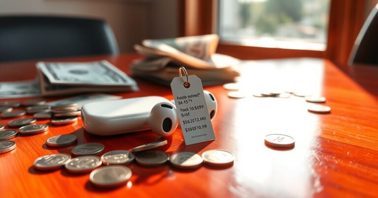 A sleek pair of Apple earphones rests atop a vibrant, glossy wooden table, surrounded by scattered coins and crisp dollar bills. Soft natural light filters through a nearby window, casting gentle shadows, while a price tag hangs delicately from one earbud, showcasing various prices in elegant typography. The scene exudes a mix of modernity and luxury.