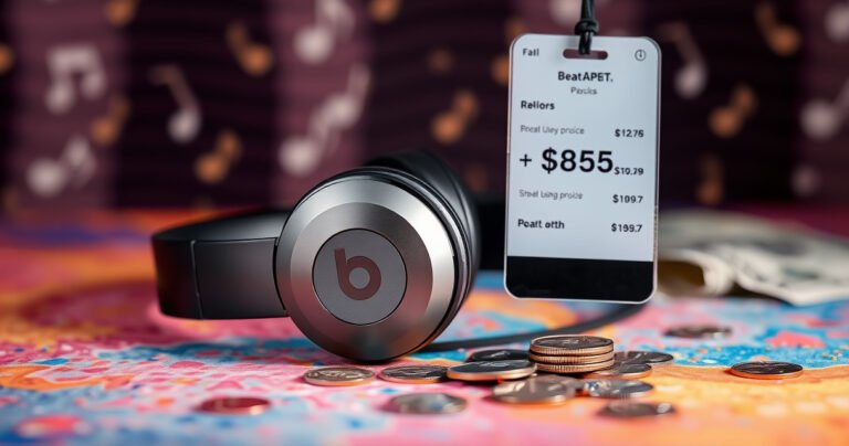 A sleek pair of Beats earphones rests on a vibrant, textured surface, surrounded by scattered coins and dollar bills. Soft, ambient lighting highlights their glossy finish, while a digital price tag hovers nearby, showcasing various price points. The background features a blurred music note pattern, evoking a sense of rhythm and sound.