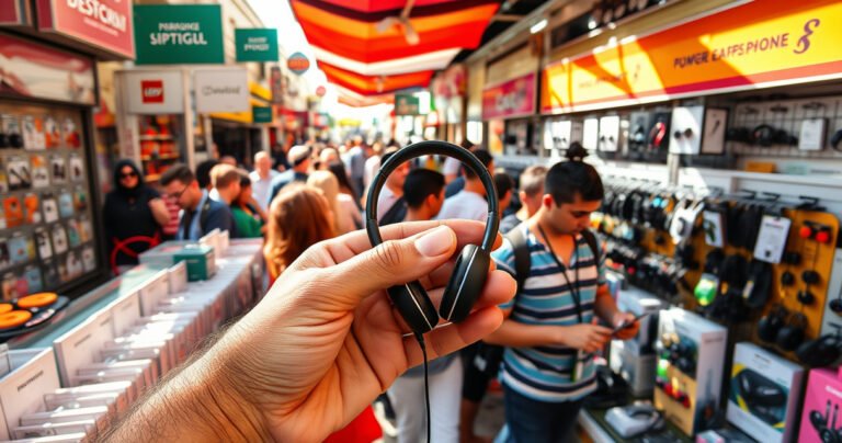 A vibrant marketplace scene filled with colorful earphone displays, showcasing various styles and price tags. Shoppers examine sleek designs, from budget to luxury models, under warm sunlight. Background features bustling crowds and lively storefronts, with a close-up on a hand holding a premium pair, reflecting modern technology and sound quality.
