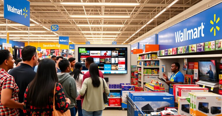 A bustling Walmart electronics aisle, featuring a sleek 50-inch smart TV prominently displayed. Shoppers of diverse backgrounds examining the TV, vibrant price tags waving in the bright fluorescent lighting. Nearby, colorful boxes of accessories, glowing screens showcasing streaming options, and a friendly employee demonstrating features, all against the backdrop of familiar Walmart branding.