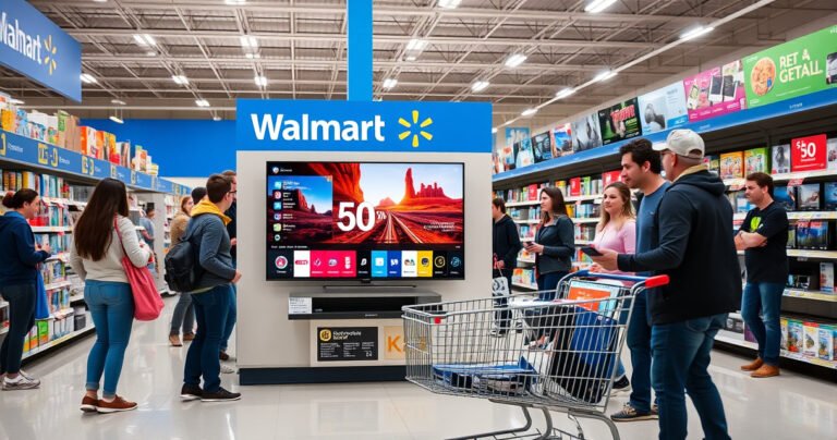 A vibrant Walmart store aisle, featuring an eye-catching 50-inch smart TV on display, surrounded by colorful price tags and promotional signage. Shoppers eagerly examine the TV, with a bright overhead light illuminating the modern design, while a shopping cart filled with electronics sits nearby, capturing the excitement of a tech-savvy retail environment.