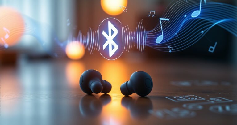 A close-up of sleek wireless earbuds resting on a wooden table, surrounded by flowing sound waves and digital blueprints. Soft ambient light highlights the earbuds' glossy finish, while a holographic Bluetooth symbol hovers above, connecting to vibrant sound waves that swirl around, illustrating the seamless blend of technology and music.