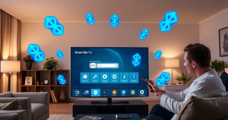 A sleek Samsung Smart TV displaying vibrant blue Bluetooth symbols surrounded by a modern living room, featuring cozy furniture, soft lighting, and a person excitedly interacting with a remote. The TV showcases a user-friendly interface, with animated icons and connectivity options, conveying a sense of ease and modern technology integration.