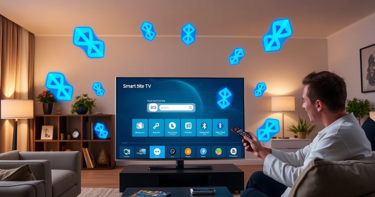 A sleek Samsung Smart TV displaying vibrant blue Bluetooth symbols surrounded by a modern living room, featuring cozy furniture, soft lighting, and a person excitedly interacting with a remote. The TV showcases a user-friendly interface, with animated icons and connectivity options, conveying a sense of ease and modern technology integration.
