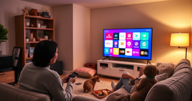 A cozy living room featuring an LG Smart TV displaying colorful app icons on its screen. The warm, inviting atmosphere is enhanced by soft lighting, a plush sofa, and scattered tech gadgets. A family member is engaged with the TV remote, surrounded by snacks and a playful pet, creating a sense of comfort and modern technology integration.