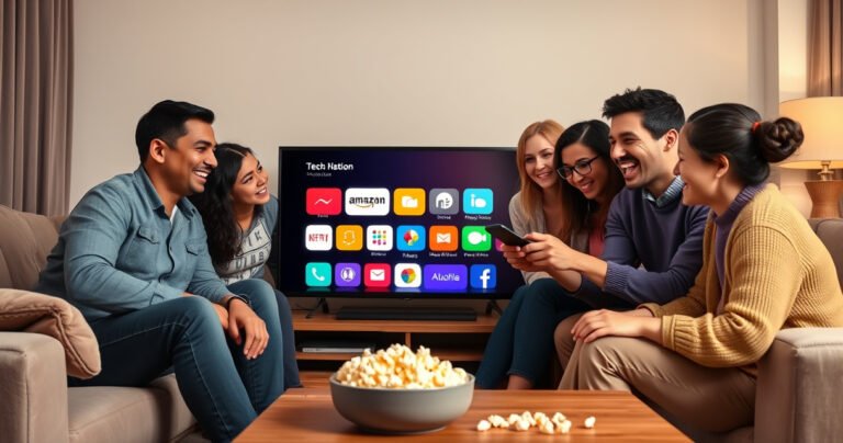 A cozy living room scene featuring a modern smart TV displaying colorful app icons, surrounded by a family of diverse people excitedly interacting with the remote. Soft lighting highlights a plush sofa, a bowl of popcorn on the coffee table, and a cheerful atmosphere that conveys the joy of tech-savvy family time.