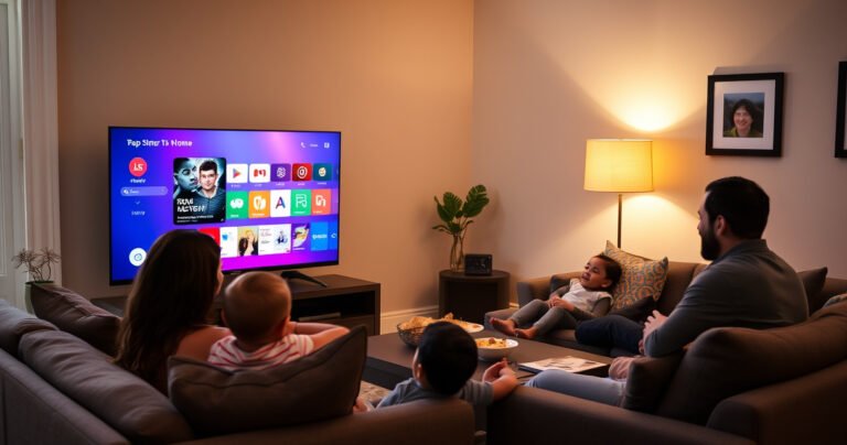 A cozy living room with a sleek LG Smart TV displaying a vibrant app interface, surrounded by a comfortable sofa, colorful throw pillows, and a warm lamp casting a soft glow. A family is gathered, engaged in selecting apps, with snacks on a nearby coffee table, capturing the essence of modern entertainment and technology at home.