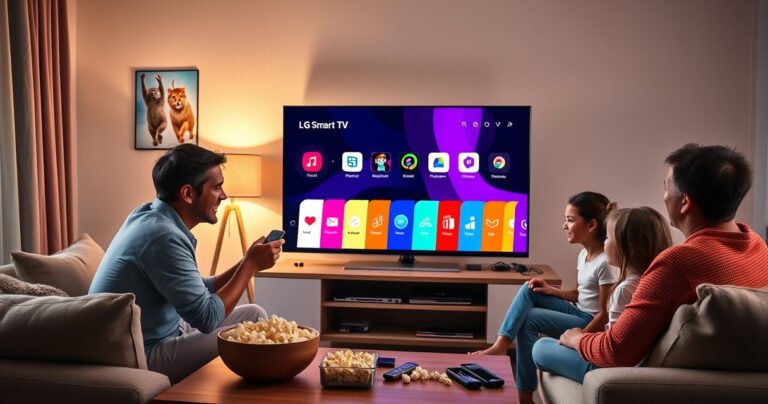 A cozy living room scene featuring a modern LG Smart TV displaying colorful app icons, surrounded by a family happily interacting with the remote. Bright, inviting decor with a warm glow from a nearby lamp, a bowl of popcorn on the coffee table, and playful tech gadgets scattered around, illustrating the joy of family entertainment.