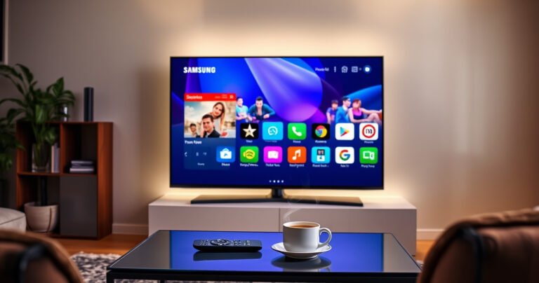 A sleek Samsung Smart TV displaying a vibrant home screen filled with colorful app icons, surrounded by a cozy living room setting. Soft ambient lighting highlights the TV, with a stylish coffee table featuring a remote control and a steaming cup of coffee, creating an inviting atmosphere for tech-savvy readers.