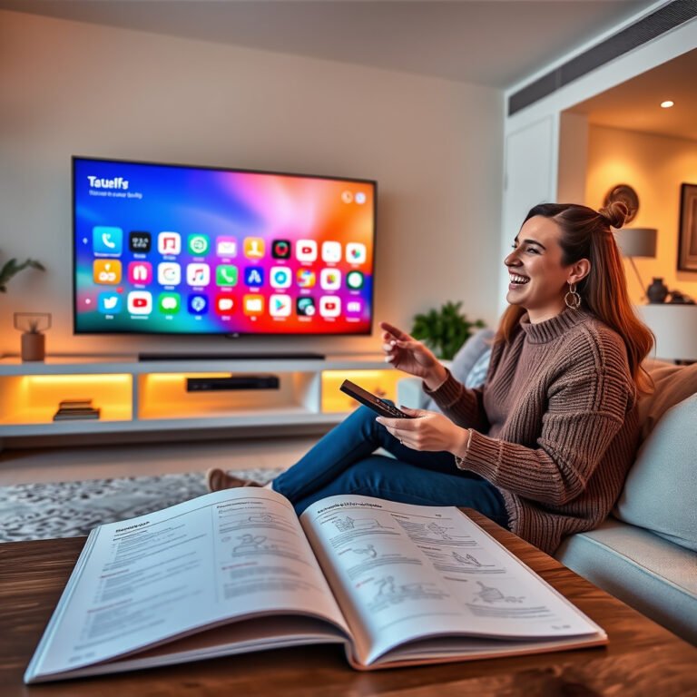 A sleek modern living room with a large smart TV displaying colorful app icons on the screen, surrounded by a cozy couch and stylish decor. A person joyfully interacts with a remote control, while a digital guidebook with step-by-step illustrations is open on a coffee table, bathed in warm ambient lighting.