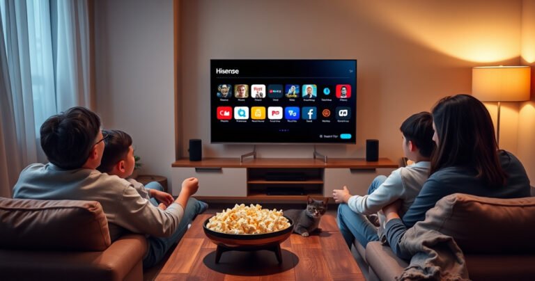 A cozy living room with a sleek Hisense Smart TV displaying colorful app icons on the screen. A family enjoys watching together, engrossed in the interface. Soft lighting casts a warm glow, with a bowl of popcorn on the coffee table and a cat lounging nearby, illustrating the joy of modern home entertainment.