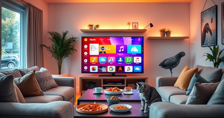 A vibrant living room scene showcasing a sleek smart TV prominently displaying a colorful app store interface, surrounded by cozy furniture, a coffee table with snacks, and a curious cat peering at the screen, warm ambient lighting creating an inviting atmosphere, emphasizing technology blending seamlessly into modern home life.