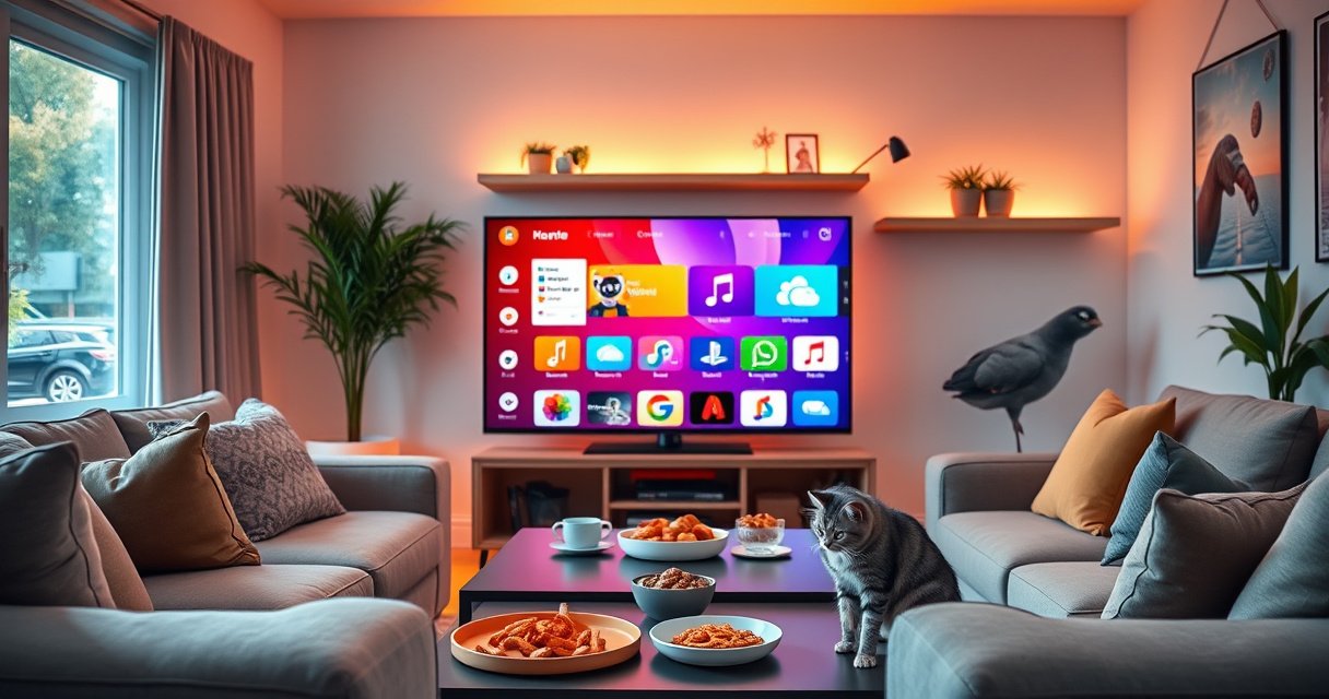 A vibrant living room scene showcasing a sleek smart TV prominently displaying a colorful app store interface, surrounded by cozy furniture, a coffee table with snacks, and a curious cat peering at the screen, warm ambient lighting creating an inviting atmosphere, emphasizing technology blending seamlessly into modern home life.