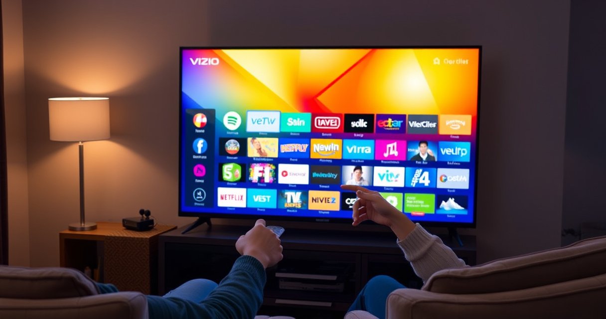 A sleek Vizio Smart TV displaying a vibrant menu filled with colorful app icons, set in a cozy living room with soft lighting. A person, engaged and curious, points at the screen while holding a remote control, surrounded by comfortable furniture and a warm atmosphere, evoking a sense of modern technology meets home entertainment.