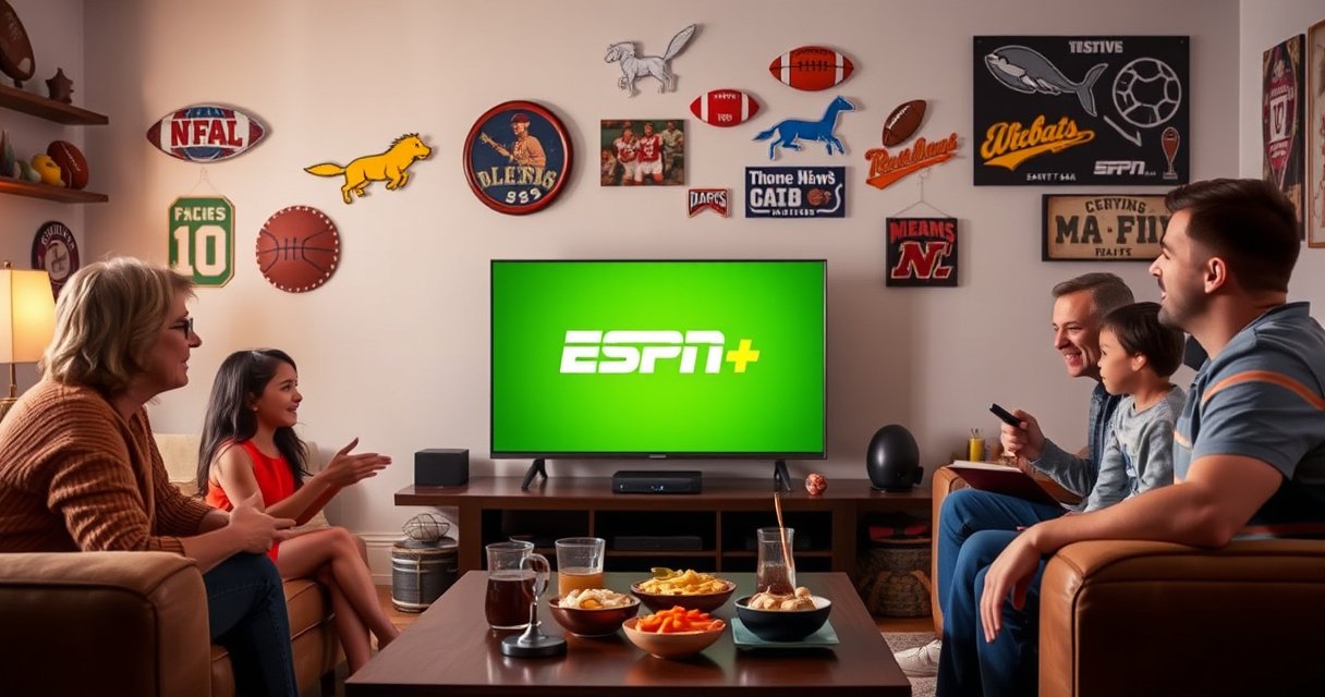 A cozy living room with a sleek smart TV displaying the ESPN Plus logo, surrounded by snacks and drinks on a coffee table. Soft lighting highlights comfortable seating, while a family excitedly gathers around, remote in hand, ready for game night. Colorful sports memorabilia decorates the walls, creating an inviting atmosphere for sports fans.