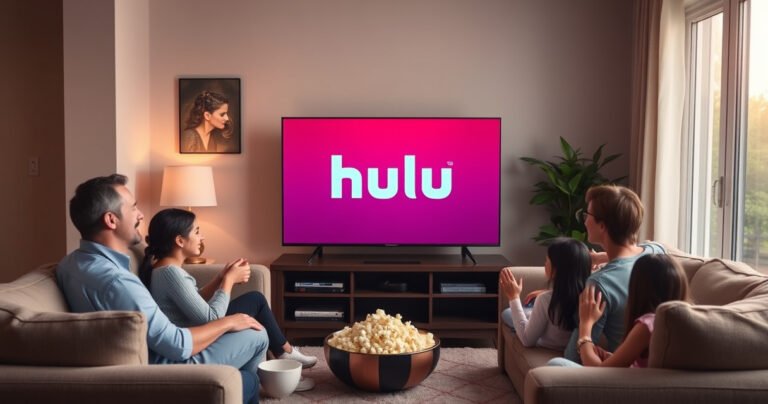 A cozy living room with a sleek Samsung Smart TV displaying the vibrant Hulu logo, surrounded by plush sofas and popcorn bowls. Soft evening light filters through a window, casting a warm glow on the scene, with family members eagerly preparing to stream their favorite shows, embodying the essence of modern home entertainment.