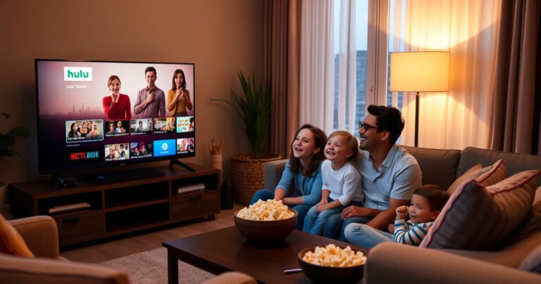A cozy living room featuring a sleek smart TV displaying the vibrant Hulu interface, surrounded by plush furniture, a warm ambient glow from a floor lamp, and a bowl of popcorn on a coffee table. A family of four, excitedly gathered, as they prepare to watch their favorite show together, with a hint of playful anticipation in the air.