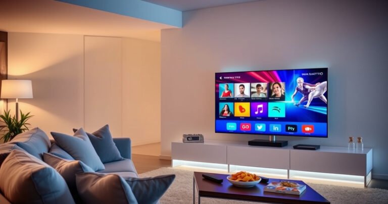 A sleek, modern living room featuring a Samsung Smart TV displaying vibrant streaming content, colorful app icons glowing on the screen, a cozy sofa with plush cushions, ambient lighting creating a warm atmosphere, and a coffee table with remote controls and snacks, reflecting a tech-savvy lifestyle and inviting entertainment.