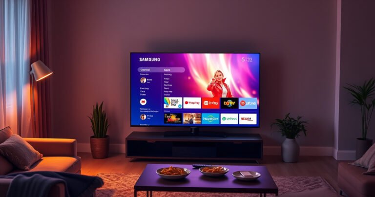 A sleek Samsung Smart TV glowing in a cozy living room, a user interacting with a vibrant on-screen interface showcasing channel options. Warm ambient lighting casts soft shadows, while a stylish coffee table holds a remote and snacks. The room exudes a modern yet inviting atmosphere, highlighting the seamless experience of adding new channels.
