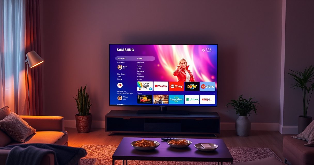 A sleek Samsung Smart TV glowing in a cozy living room, a user interacting with a vibrant on-screen interface showcasing channel options. Warm ambient lighting casts soft shadows, while a stylish coffee table holds a remote and snacks. The room exudes a modern yet inviting atmosphere, highlighting the seamless experience of adding new channels.