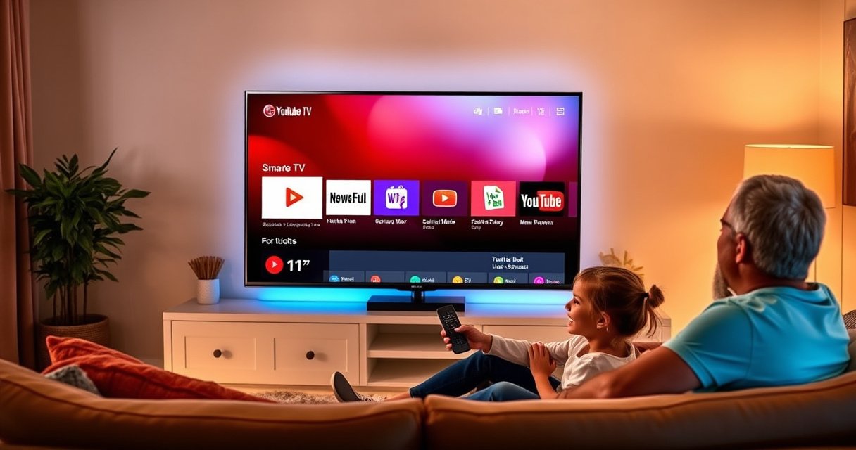 A sleek, modern LG Smart TV displaying the vibrant YouTube TV interface, surrounded by a cozy living room setting. Softly glowing ambient lights enhance the atmosphere, and a family sits on a plush sofa, engaged and smiling, remote in hand. Bright colors and a lively feel create a welcoming vibe, inviting viewers to explore streaming possibilities.