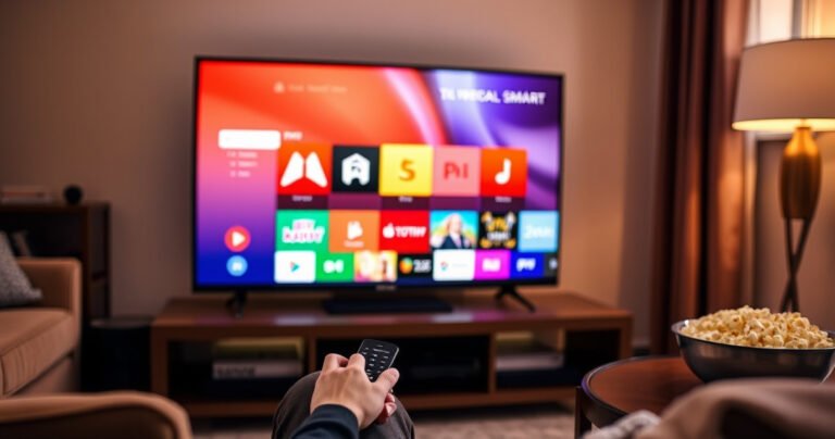 A sleek Vizio Smart TV glowing in a cozy living room, displaying a colorful app interface. A user-friendly remote rests beside it, while a pair of hands navigate the screen. Warm lighting enhances the inviting atmosphere, with a bowl of popcorn on the side table, creating a tech-savvy yet comfortable home environment.