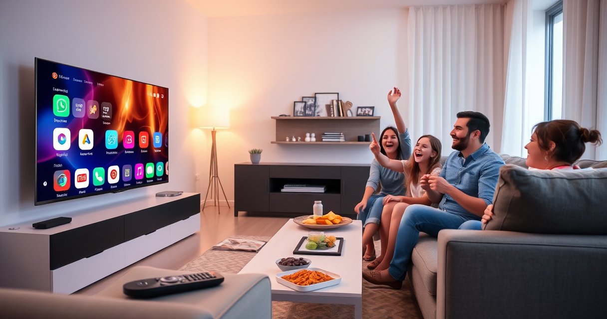 A modern living room with a sleek smart TV displaying colorful app icons, a cozy sofa with a remote control on the armrest, warm ambient lighting, a coffee table with snacks, and a family joyfully gathering around the TV, illustrating excitement and connection through technology.