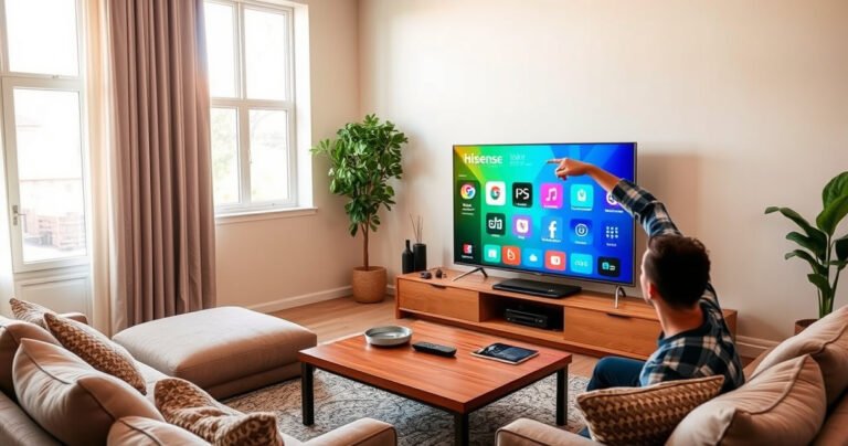 A modern living room with a sleek Hisense Smart TV displaying colorful app icons on the screen. A cozy sofa with plush cushions, a wooden coffee table adorned with a remote control, and a bright window letting in soft sunlight. A person engaged, excitedly pointing at the screen, surrounded by a warm, inviting atmosphere.