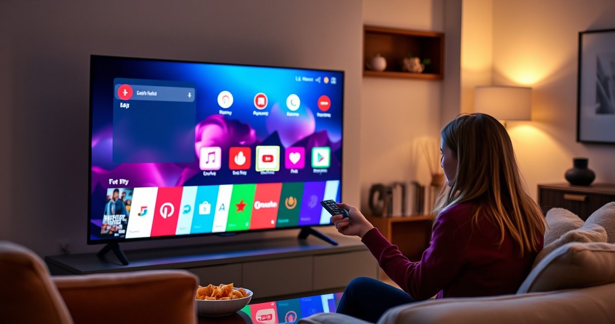 A sleek LG Smart TV displayed in a modern living room, glowing with vibrant app icons on the screen. A person, engaged and curious, holds a remote, surrounded by a cozy atmosphere with soft lighting, plush furniture, and a coffee table with snacks, embodying the excitement of technology and entertainment at home.