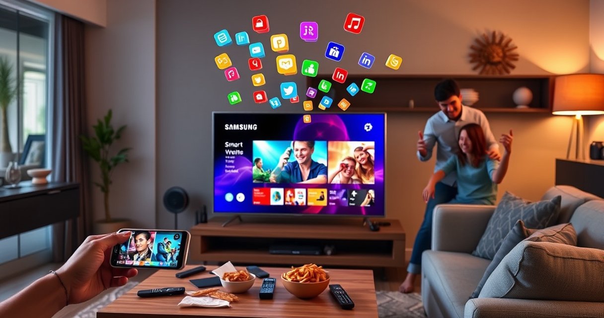 A modern living room featuring a sleek Samsung Smart TV displaying vibrant content from a smartphone, with colorful app icons floating above. A cozy couch and a coffee table cluttered with remote controls and snacks, while a family joyfully interacts in the background, surrounded by warm, ambient lighting and a stylish decor.