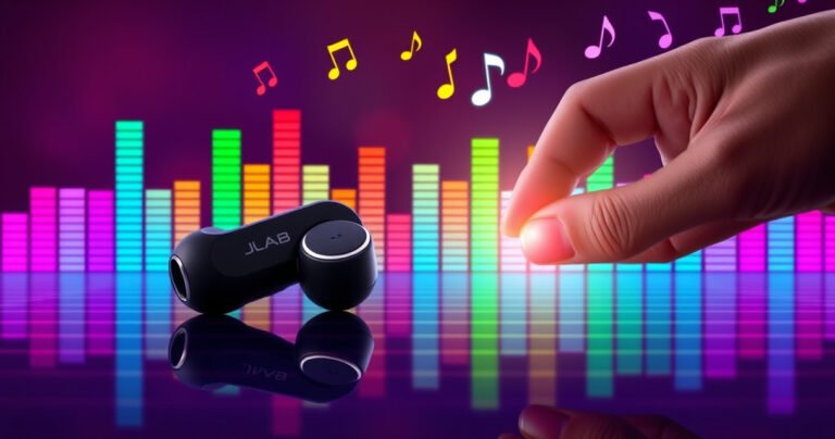 A pair of sleek JLab earbuds resting on a vibrant soundwave background, pulsating with deep bass frequencies. Surrounding them are colorful equalizer bars reflecting waves of sound. Bright musical notes dance in the air, creating an energetic atmosphere, while a hand adjusts a glowing EQ slider, symbolizing simple steps to boost audio power.